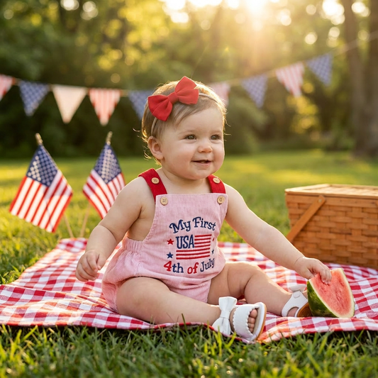 Happy baby girl wearing a pink My First 4th of July bubble romper sitting on a picnic blanket with American flags.
