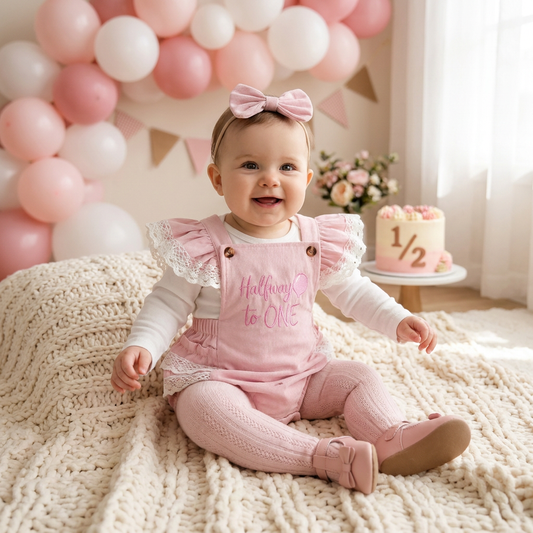 Smiling baby girl wearing the pink "Halfway to One" 6-month birthday lace romper and headband, sitting on a blanket for a photoshoot.