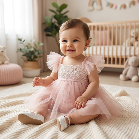 Baby girl sitting in nursery wearing pink tulle tutu romper dress for special occasions