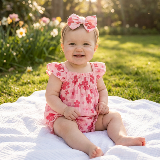 Baby girl wearing pink floral smocked top with bloomers and matching headband