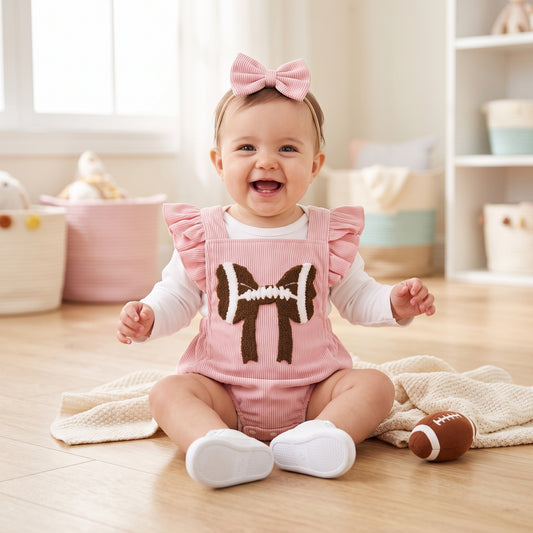 Baby girl wearing pink flutter sleeve football embroidered corduroy romper and matching bow headband