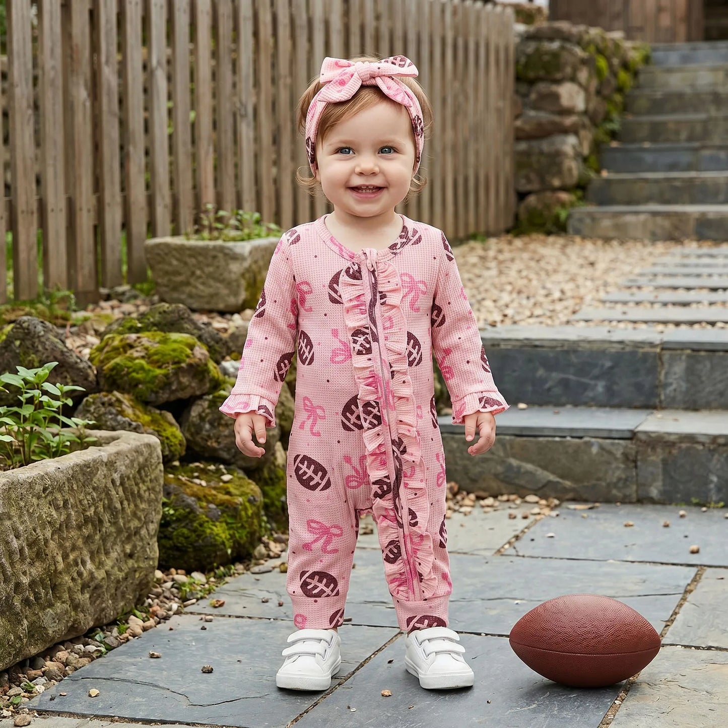 Happy baby girl standing outside next to a football, wearing the long-sleeve pink ruffle zip-up game day outfit.