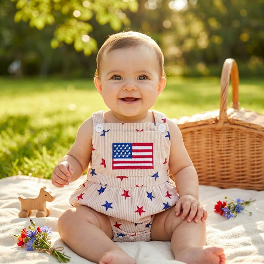 Baby girl wearing light pink romper with USA flag and red and blue stars while sitting on blanket at a picnic