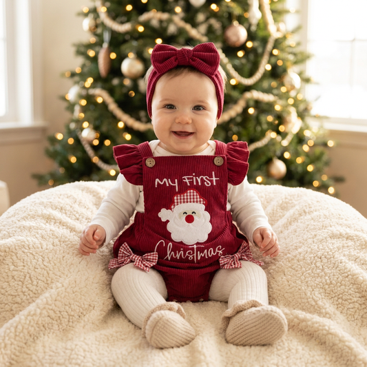 Infant baby girl sitting near a Christmas tree wearing the red My First Christmas Santa bubble romper and matching red headband.