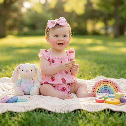 Baby girl wearing a strawberry print outfit sitting on a blanket with toys in a park