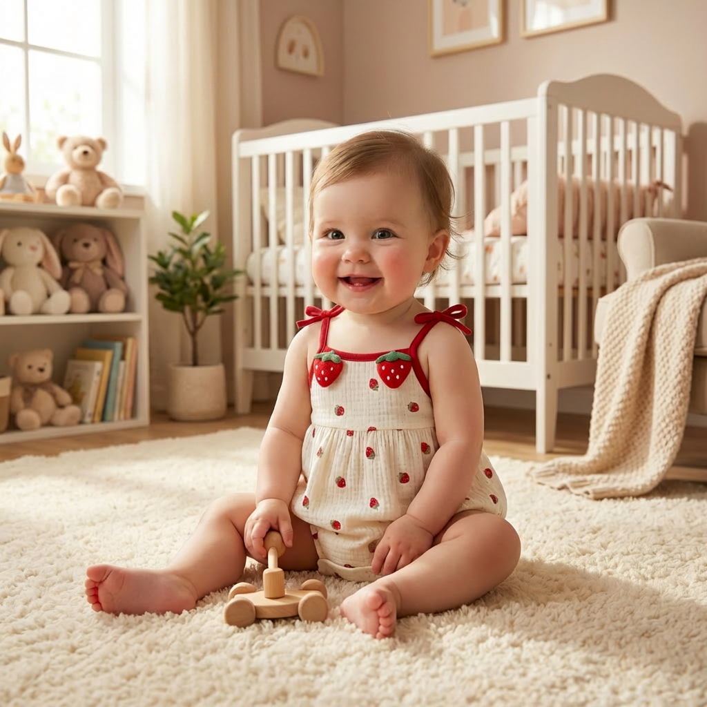 Baby sitting on a carpeted floor in a nursery wearing a strawberry romper holding a wooden toy, surrounded by teddy bears and books.