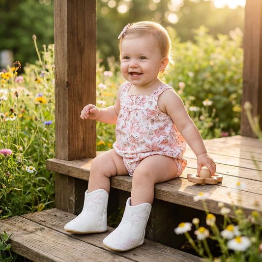 Smiling baby girl sitting on wooden steps outdoors wearing a floral romper and white coastal cowgirl boots.