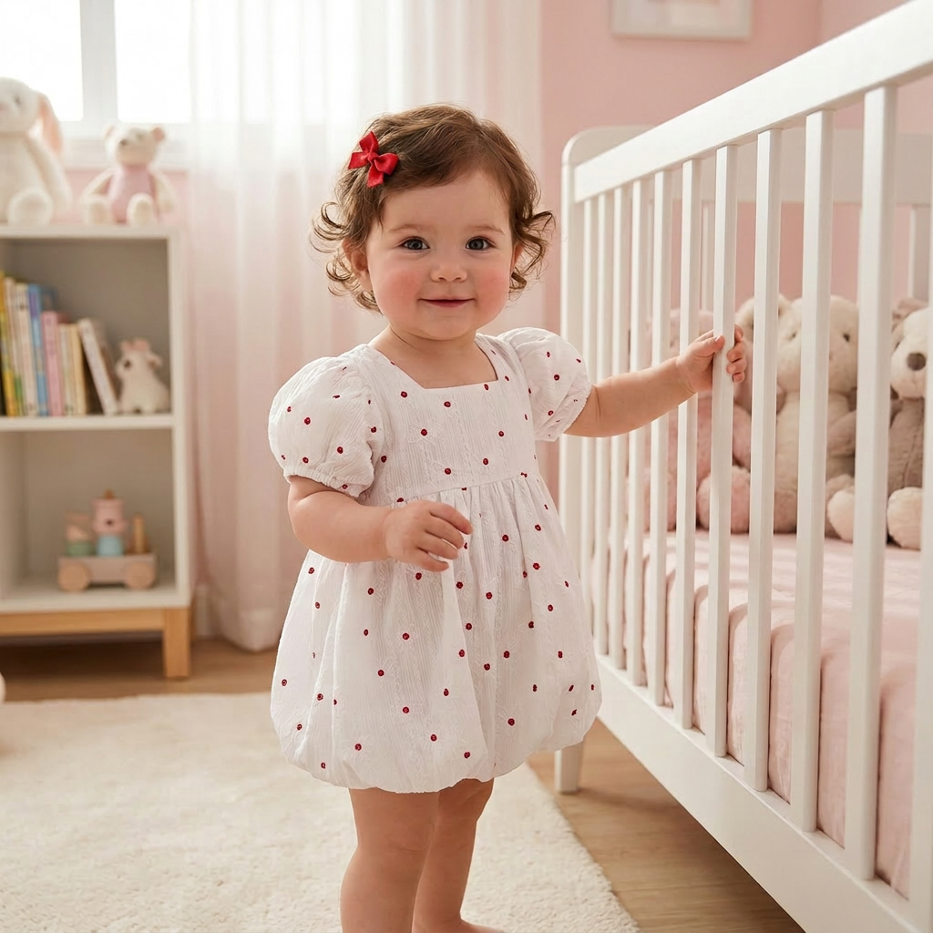 Baby Girl in a white floral embroidered dress standing next to a crib in a nursery.