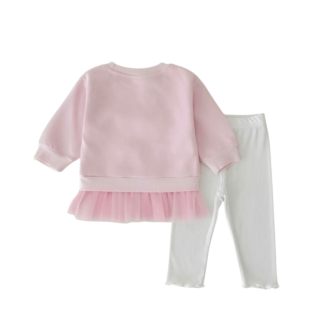 Back view of baby girls pink long sleeve sweatshirt and white leggings set.