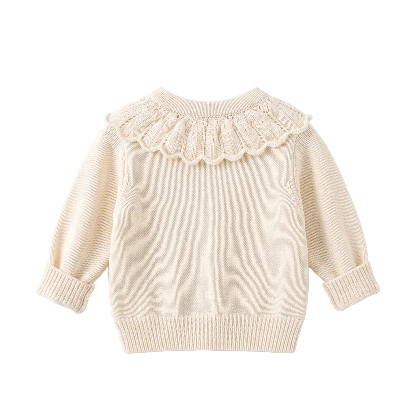 Back view of cream baby girls knit cardigan sweater highlighting the wide scalloped ruffle collar detail.