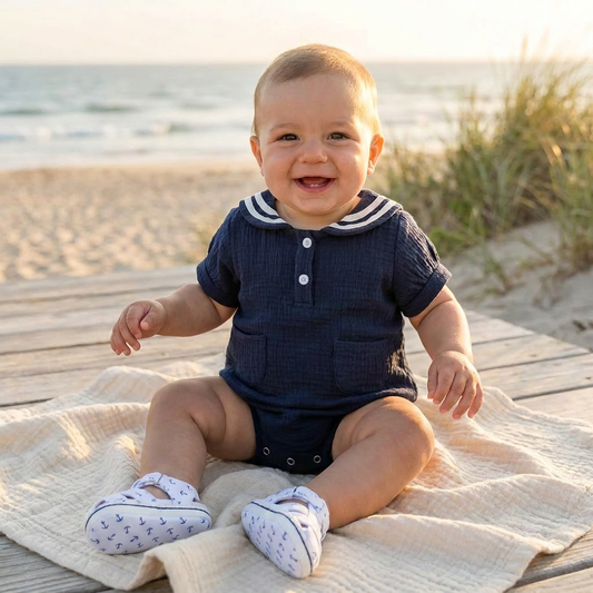 A smiling baby wearing a sailor outfit and white anchor print canvas sandals sitting on a beach blanket.