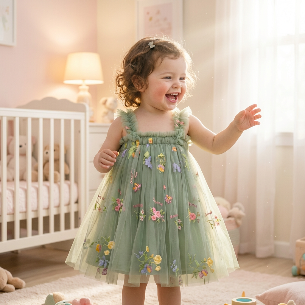A 2 to 3 year old toddler girl wearing a beautiful sage green fairy dress