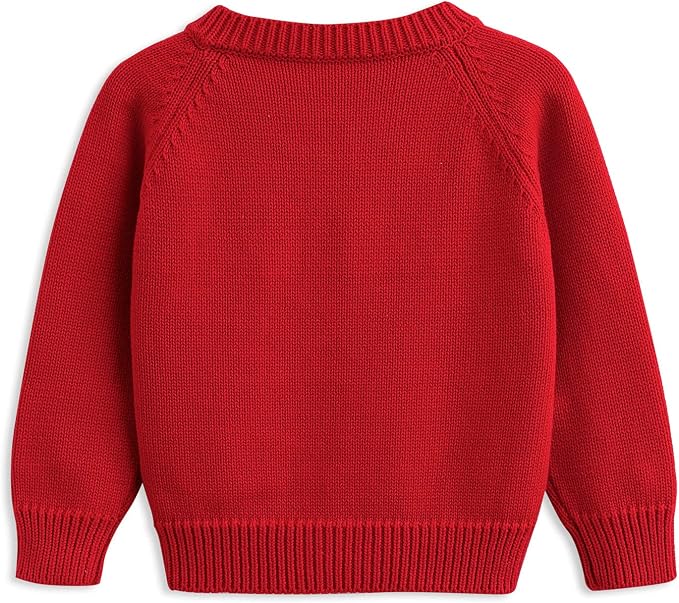 Back view of the plain red cotton knit baby and toddler cardigan sweater.