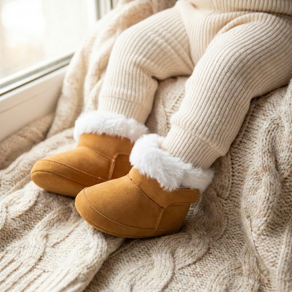 Close-up of a baby's legs wearing cream ribbed tights and brown soft sole crib boots sitting on a cozy blanket.