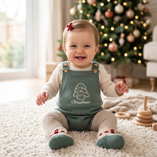 A smiling baby sitting on a cozy rug wearing the green Christmas tree knit romper over a white long-sleeve shirt, with a decorated Christmas tree in the background.