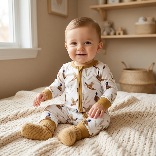 Smiling baby sitting on a cozy bed wearing the Kidsely western pheasant and wheat fall jumpsuit.