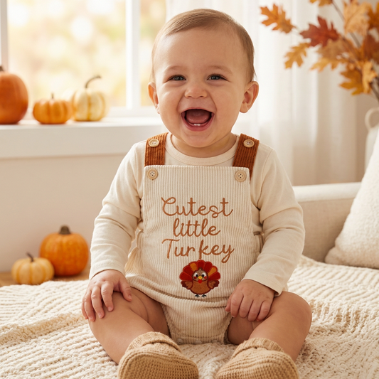 Smiling baby wearing a beige "Cutest little Turkey" corduroy romper sitting indoors with fall pumpkins and leaves.