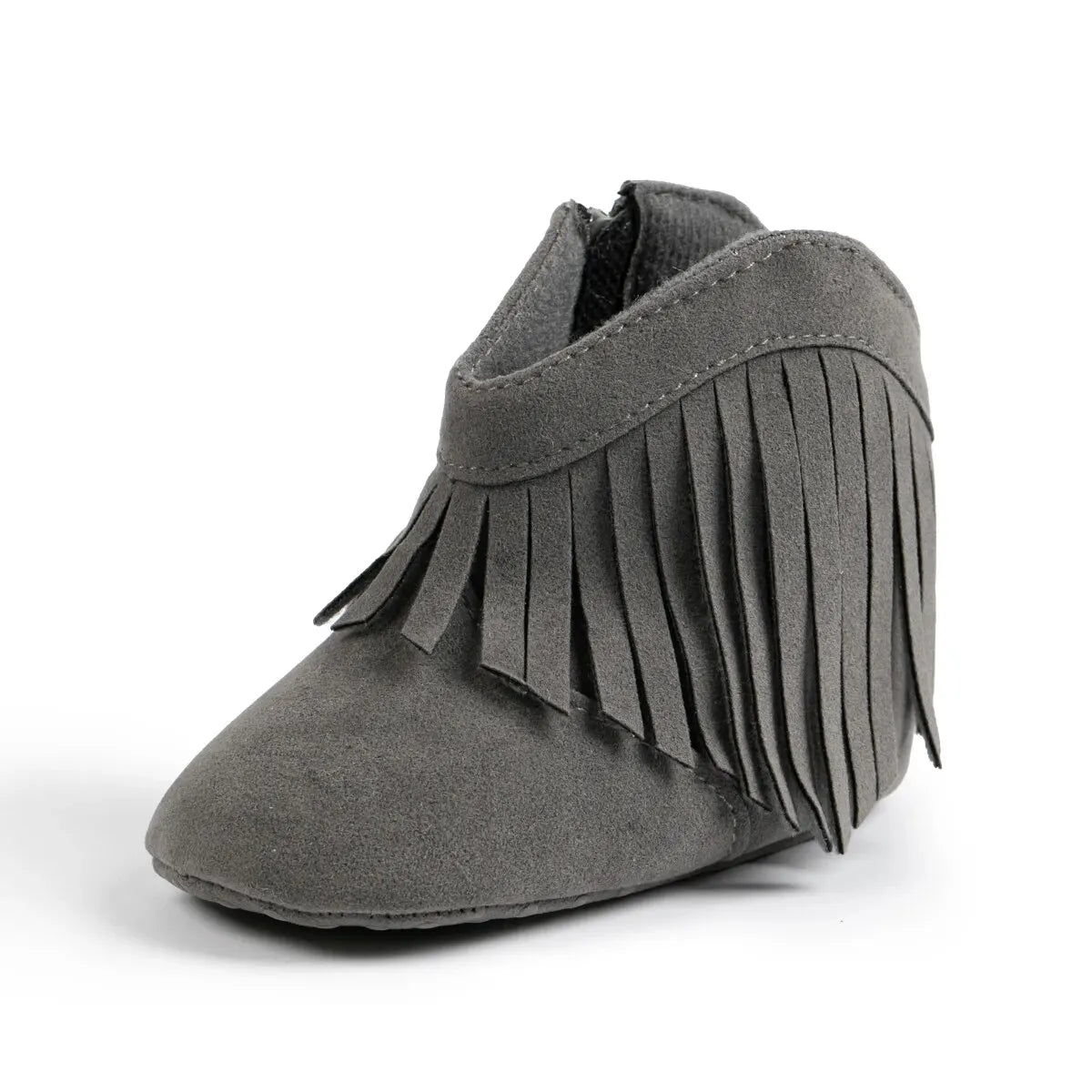 Studio side profile view of a gray baby western fringe moccasin bootie on a white background.