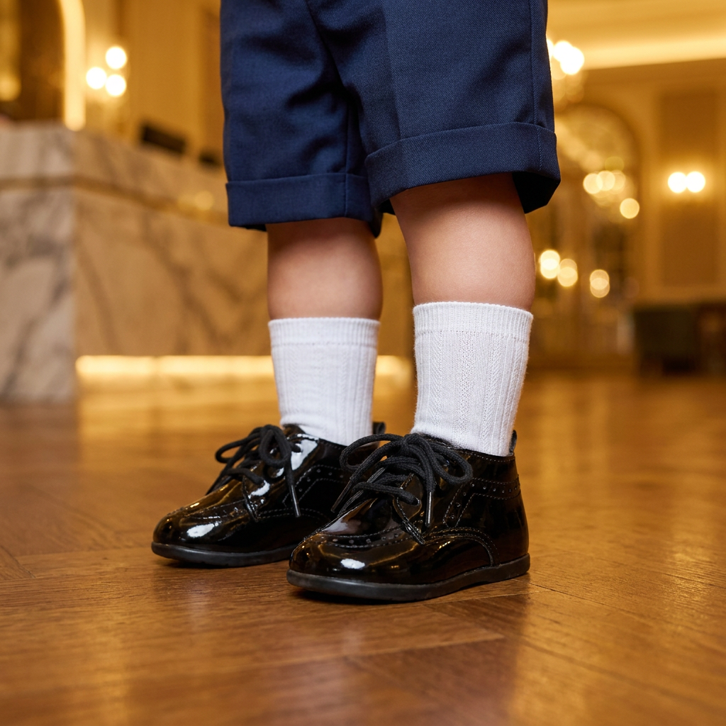 Close-up of a toddler's feet standing on a polished wooden floor wearing formal navy blue cuffed shorts, tall white knit crew socks, and high-gloss black Kidsely patent leather brogue oxfords.