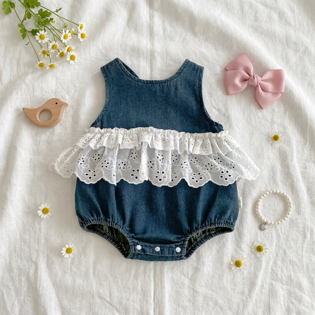 Flat lay of a denim and lace baby romper styled with a pink bow, wooden bird toy, and a pearl bracelet on a textured white cloth.