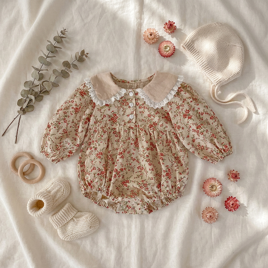 Flat lay style image of the cream vintage floral baby girl bubble romper styled aesthetically on a textured blanket with a baby bonnet and floral props.
