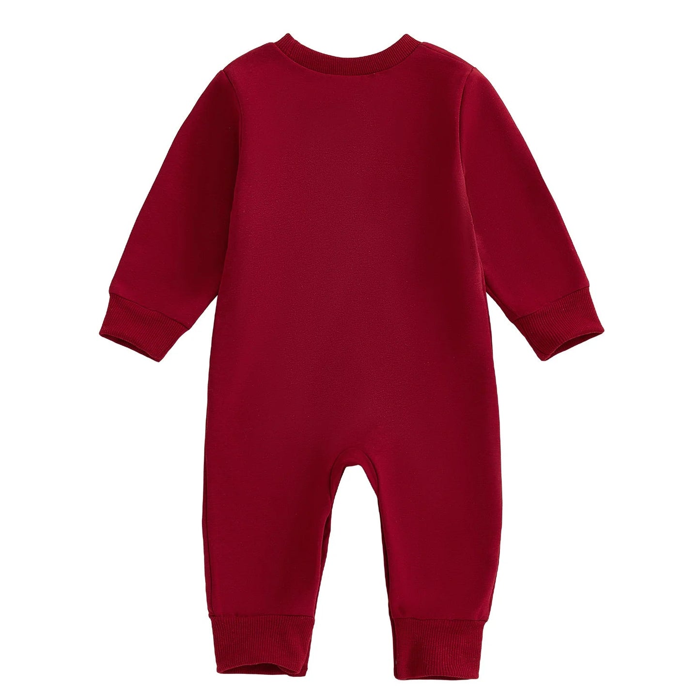 Back flat lay view of the solid crimson red full-length baby and toddler long sleeve jumpsuit.