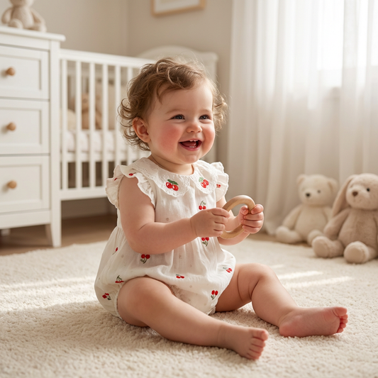 Baby girl wearing a vintage cherry romper with a lace peter pan collar