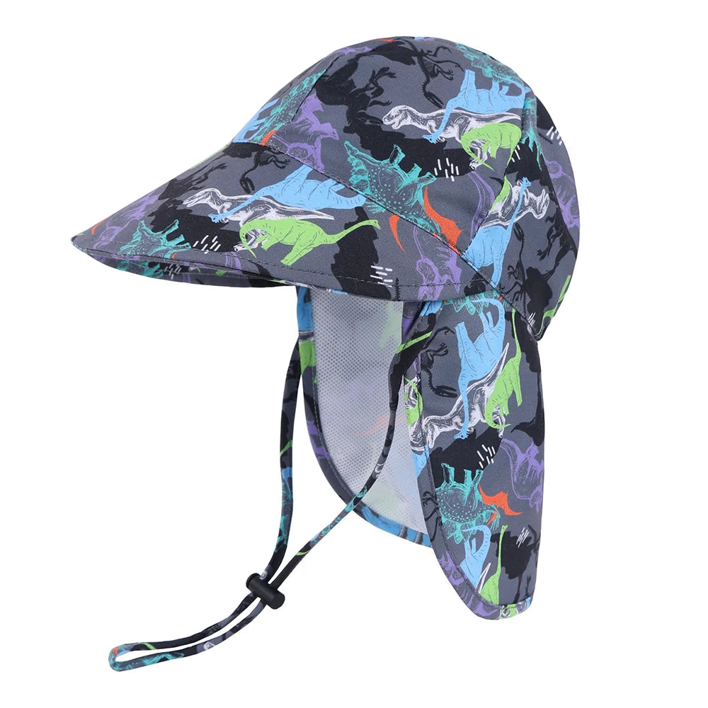 Dark grey dinosaur print toddler sun hat with neon accents, neck flap, and adjustable chin strap on a white background.