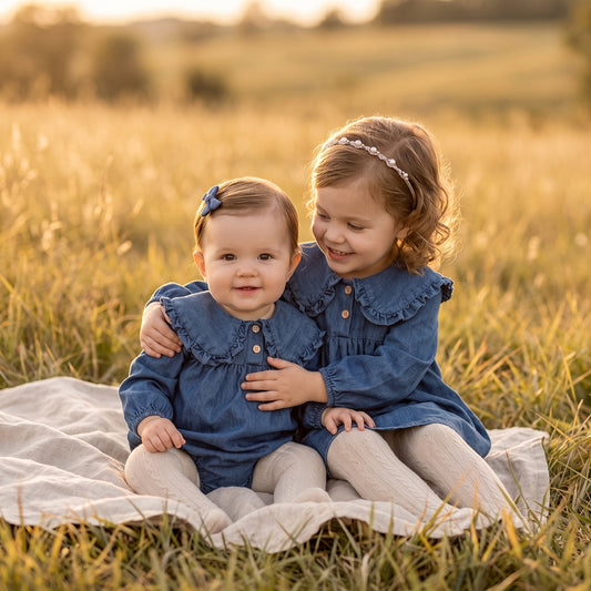 A baby girls and her older sister sitting together on a white blanket in a grassy field at golden hour, wearing matching blue denim-style dresses and light tights for a fall family photoshoot.