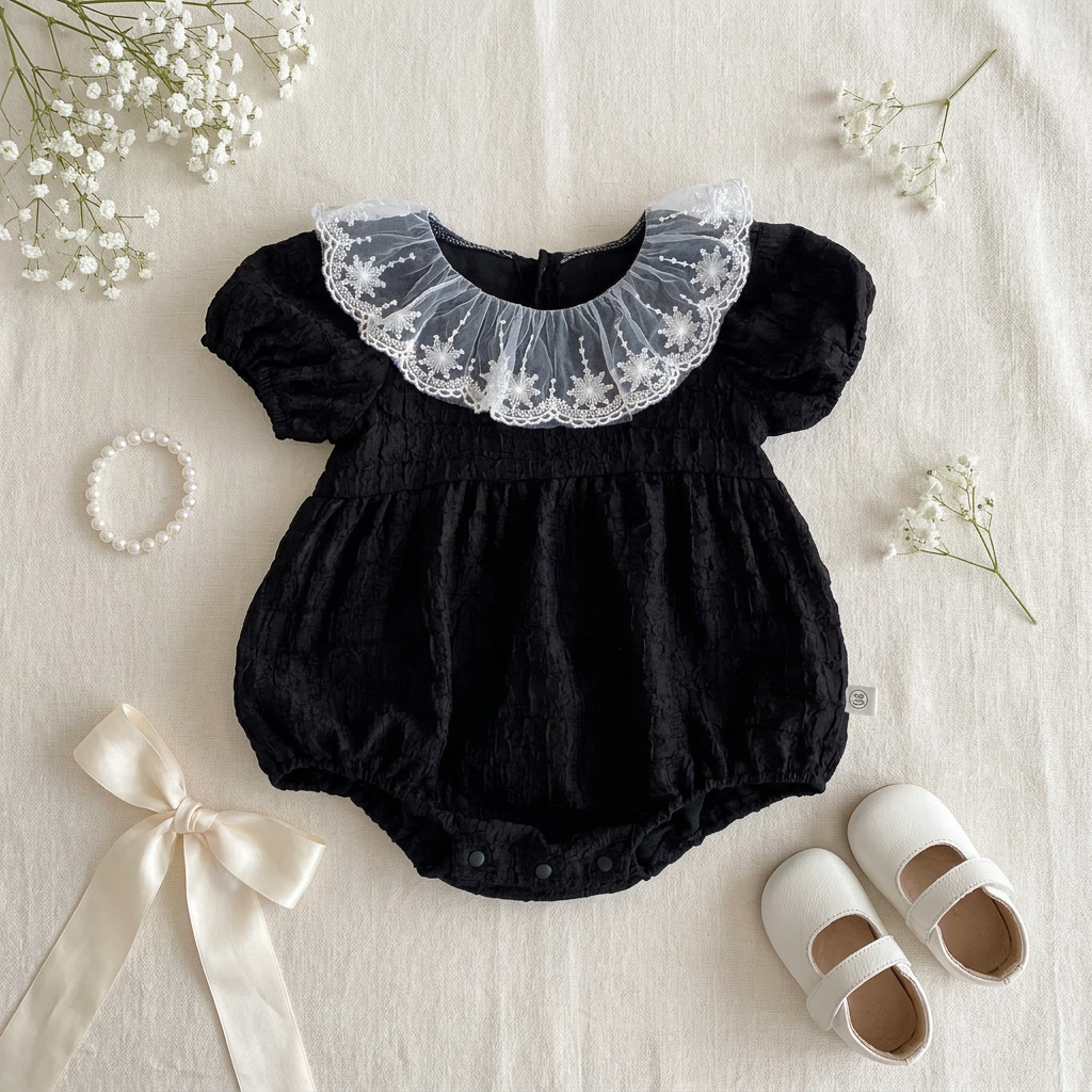 Boutique flat lay of the Classic Noir black baby romper styled with matching white t-strap shoes and a ribbon.