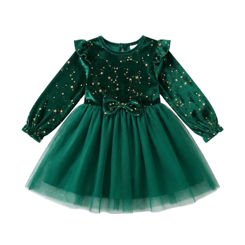 Emerald green stretch velvet and tulle girls Christmas party dress featuring a gold star pattern and front waist bow.