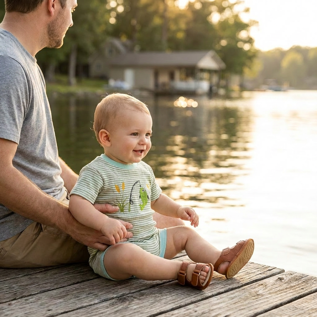 A smiling baby boy wearing the green striped waffle knit fishing romper sits on a wooden dock by a calm lake, happily supported by his dad.