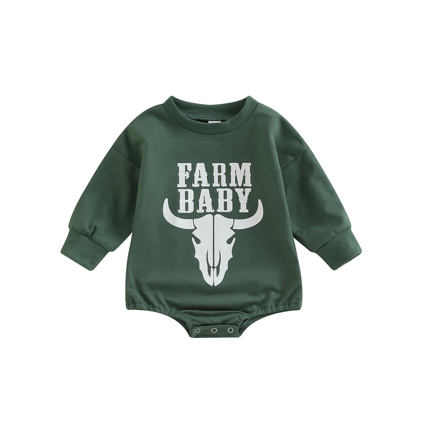 Dark forest green long sleeve baby bubble romper featuring a longhorn skull graphic and the text Farm Baby.