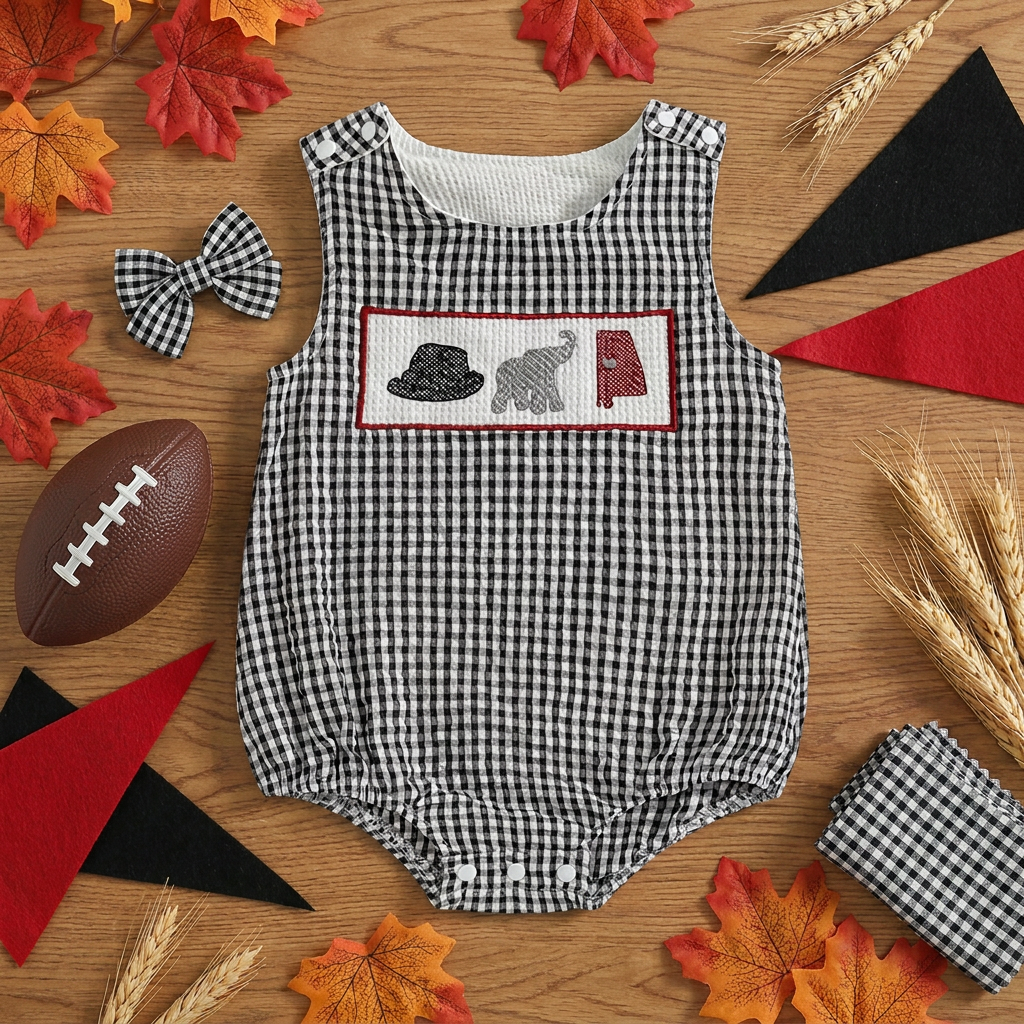 Flat lay view of the black and white seersucker smocked elephant baby romper arranged on a wooden surface with decorative autumn leaves, a mini football, a matching bow tie, and fabric pennants.