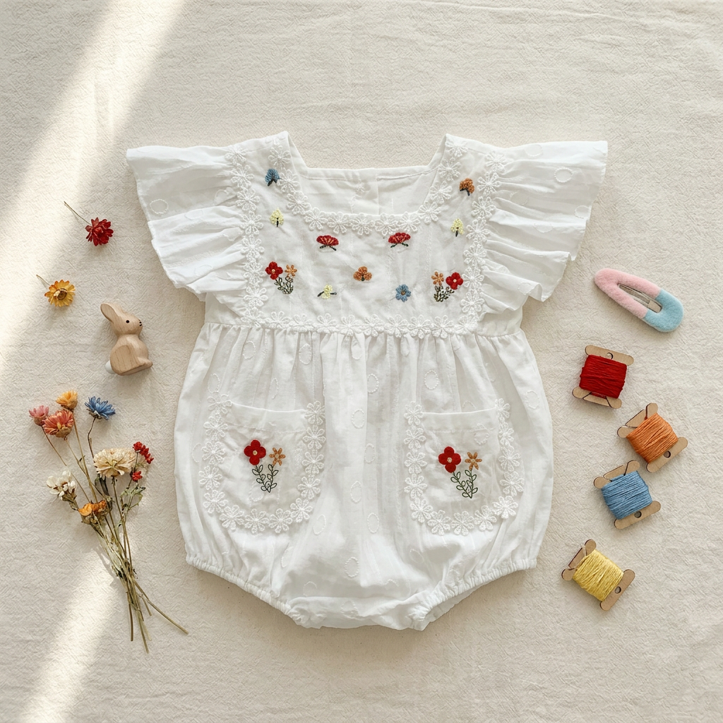 Flat lay of the Garden Floral white eyelet romper surrounded by embroidery thread spools, dried flowers, and a small wooden bunny toy.
