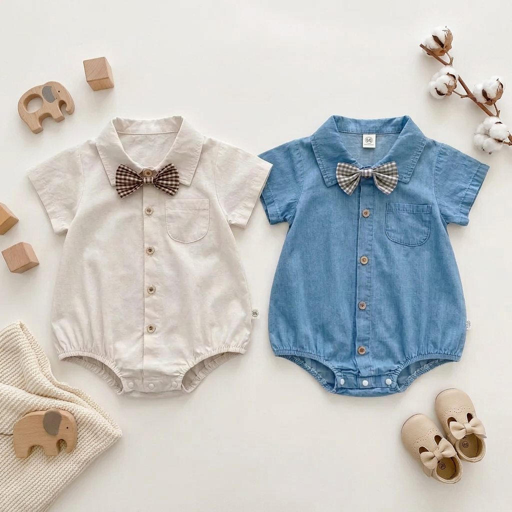 Styled flat lay of white and blue baby rompers with wooden toys and baby shoes on a neutral background.