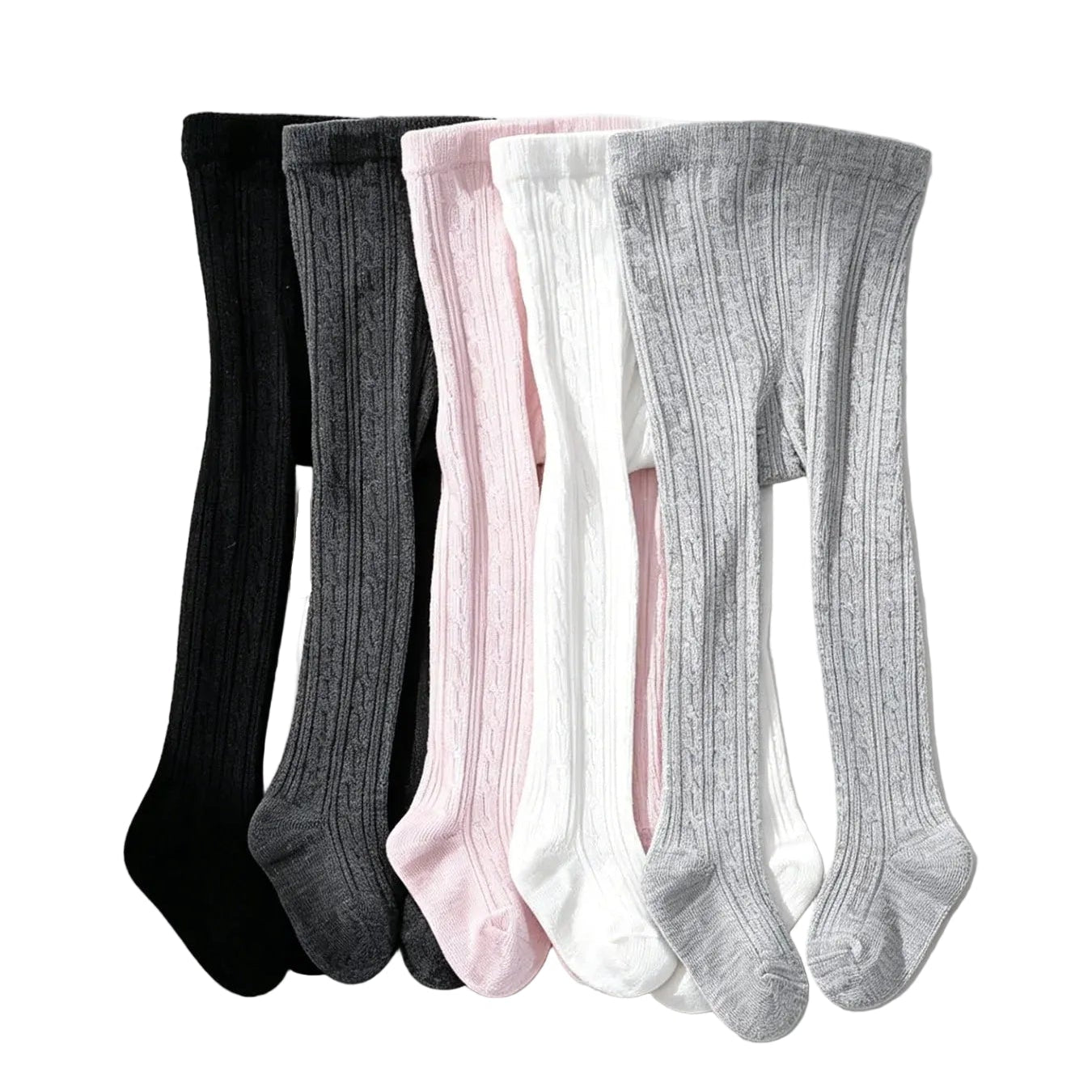 Detail shot showing the stretchy ribbed cable knit texture on a 5-pack bundle of neutral and pink girls tights.