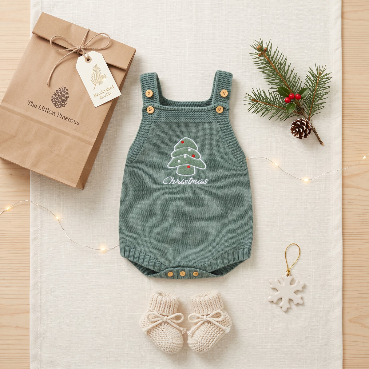 A top-down flat lay showing the green knit Christmas romper arranged with a brown paper gift bag, small knit baby booties, and a festive pine sprig.