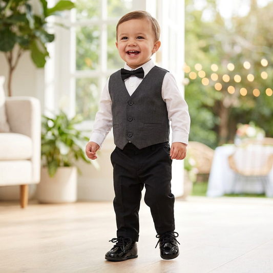 A smiling baby boy standing indoors wearing a formal grey vest, black dress pants, a bowtie, and shiny black Kidsely patent leather dress shoes.