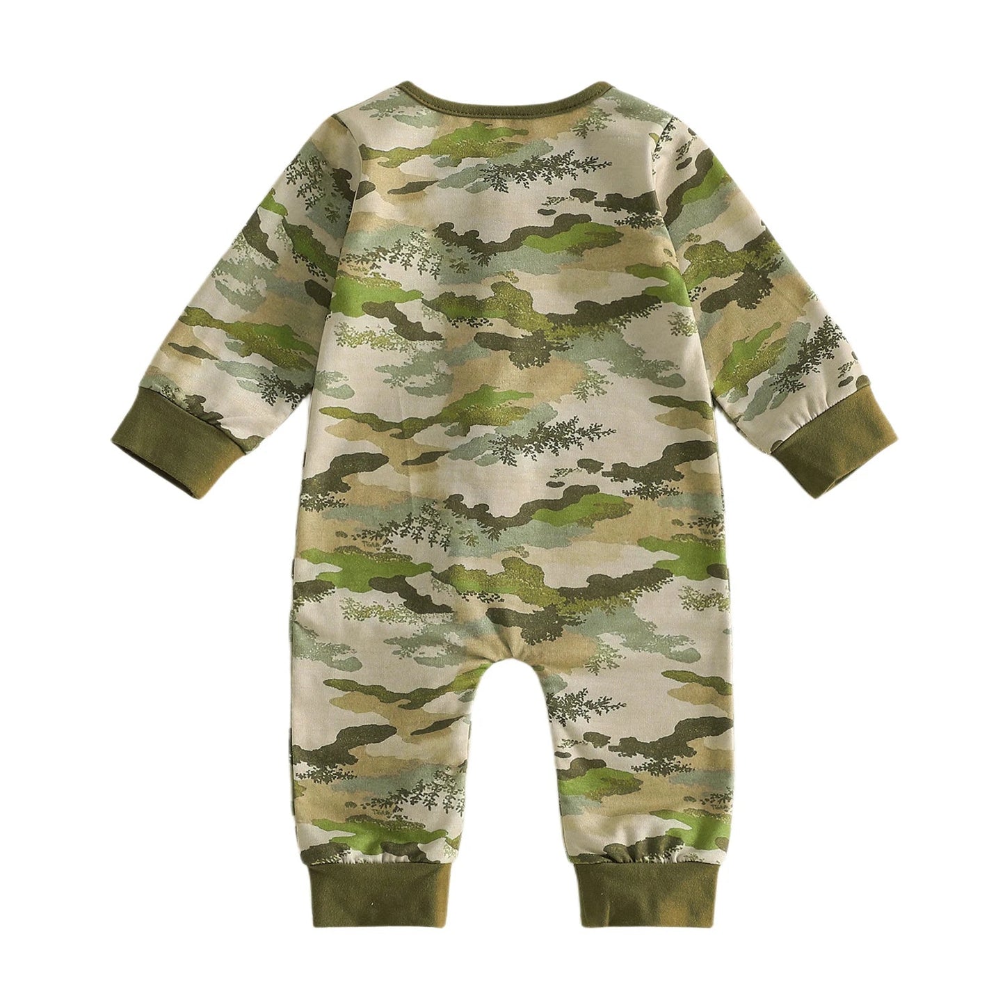 Back view of the Kidsely infant camouflage romper showing the all-over army green and tan pattern.