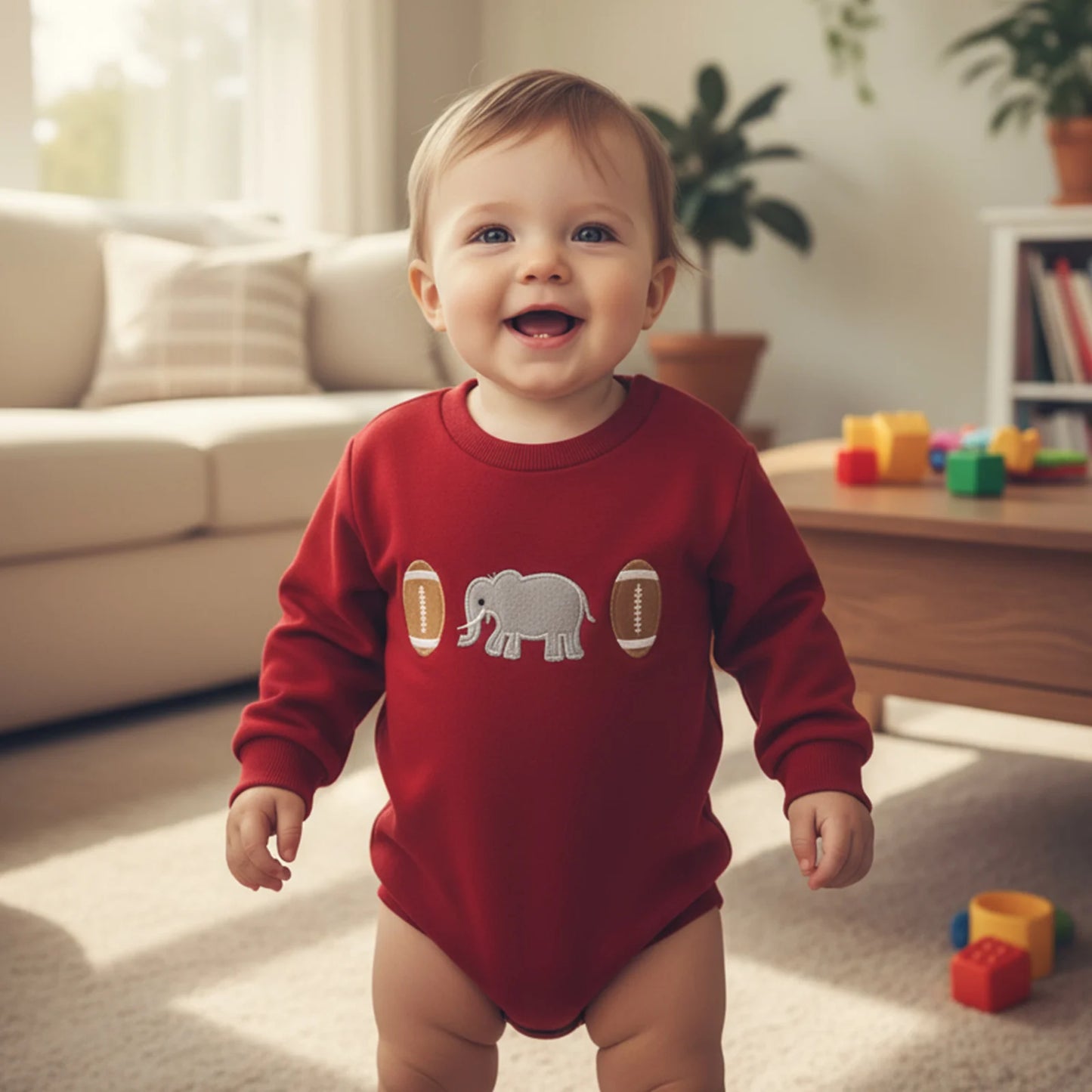 Smiling baby standing in a living room wearing a crimson elephant and football embroidered game day bubble romper.