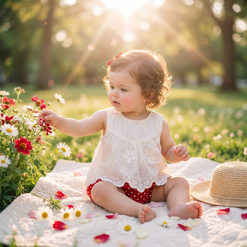 Infant girl playing in a sunny garden wearing a boutique floral tunic and red polka dot diaper cover set.
