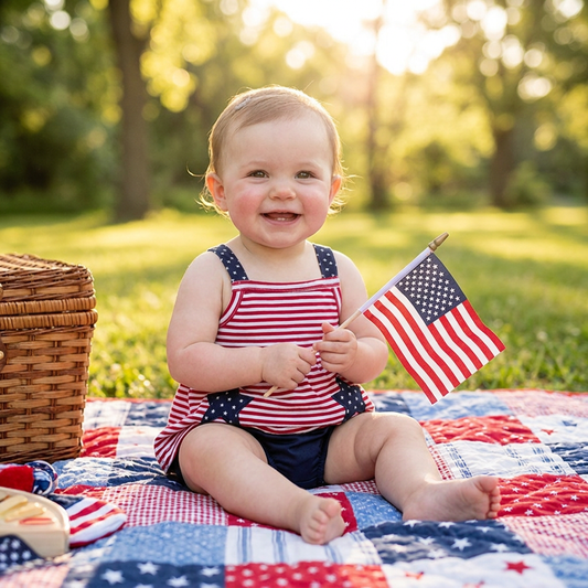 Baby girl wearing a patriotic red white and blue summer outfit while sitting on a picnic blanket with an American flag.