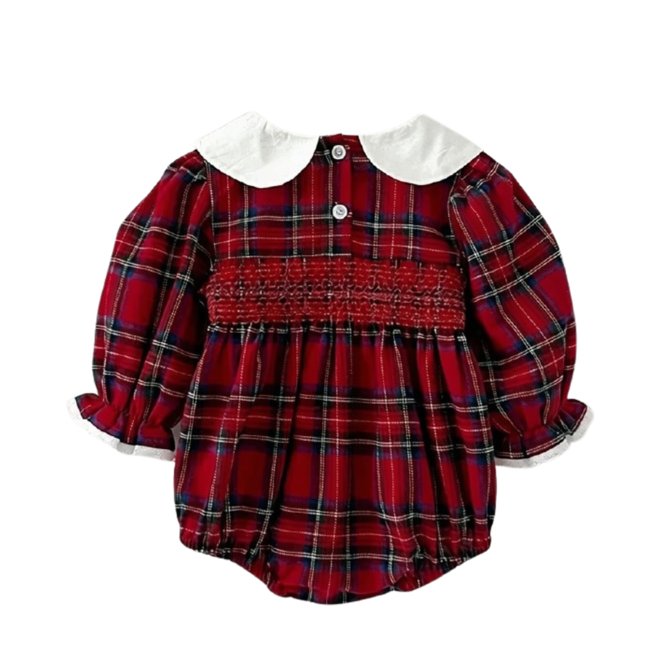 Back view of baby girl long sleeve red plaid Christmas romper with white Peter Pan collar
