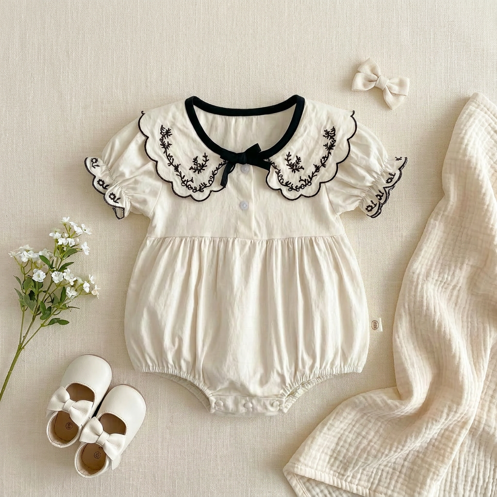 Flat lay of the ivory and black embroidered bubble romper styled with baby shoes and a bow for a complete summer outfit.