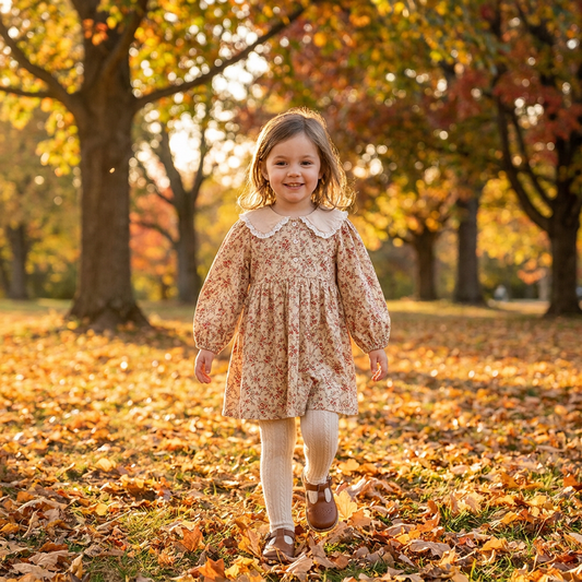 Smiling little girl walking outdoors among autumn trees, wearing the cream vintage floral cottagecore dress and white tights.