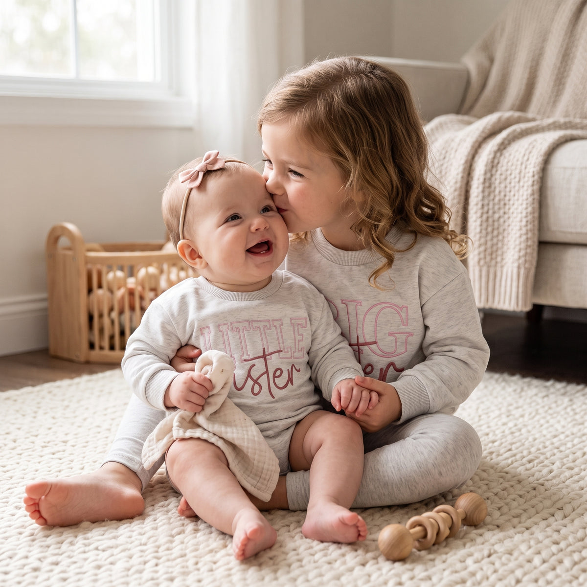 A toddler girl kissing her baby sister on the cheek, both wearing matching grey Big Sister and Little Sister long-sleeve outfits while sitting on a rug.