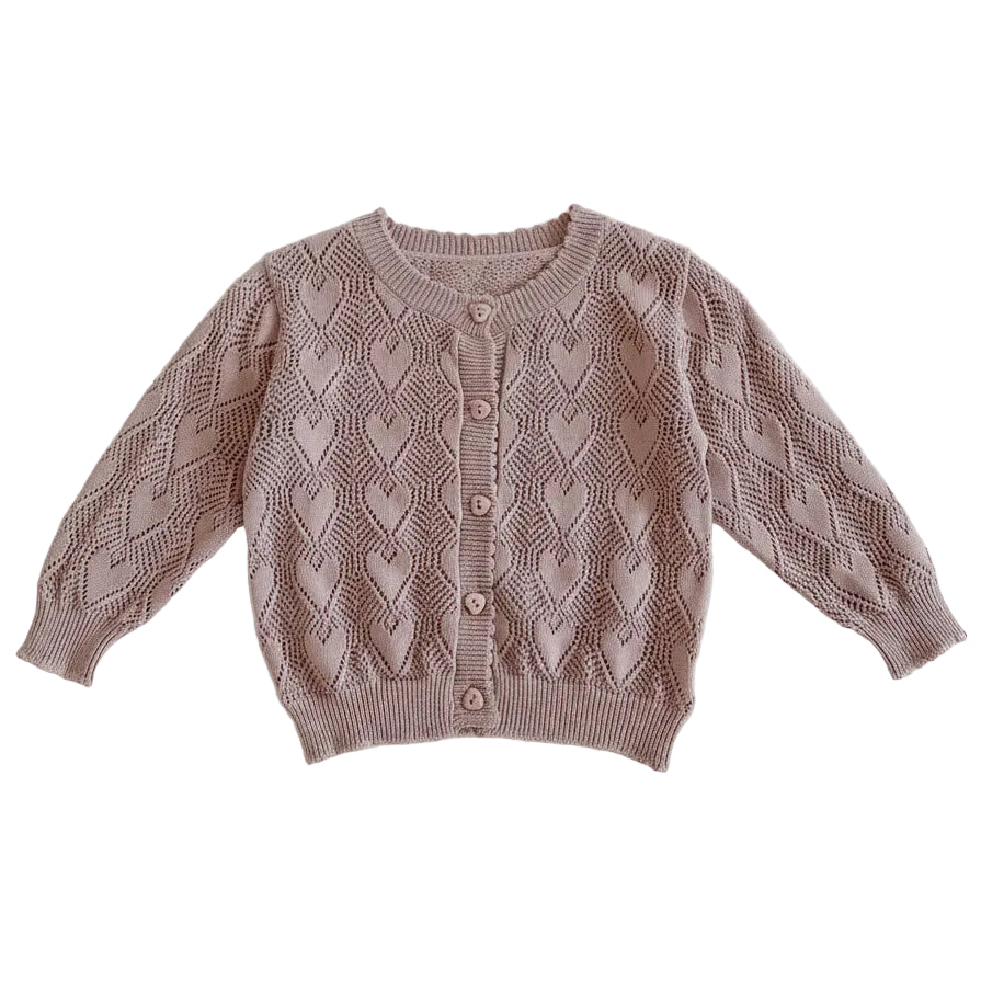 Full view of the mauve baby girl cotton knit pointelle heart cardigan sweater laid flat against a white background.