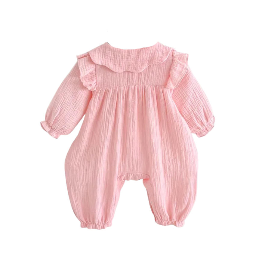 Full back view of the Kidsely pink long sleeve baby girl bubble romper on a white background.
