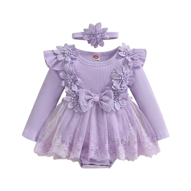 Purple baby girl long sleeve ribbed floral tutu romper dress with matching 3D flower headband.